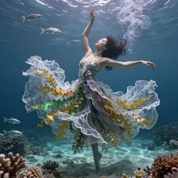 woman dancing underwater wearing a flowing dress made of many translucent layers of silver and gold lace seaweed, hints of green and purple, delicate coral sea bottom, swirling silver fish, swirling smoke shapes, unreal engine, caustics lighting from above, cinematic, hyperdetailed