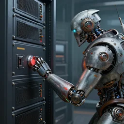 detailed dieselpunk robot pushes a button on a scifi server rack. high detailed render by hajime sorayama and eddie mendoza
