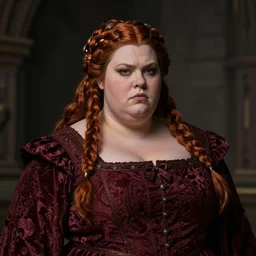 Portrait | chubby female dwarven noblewoman | brocade burgundy dress | complex adorned braided hair | style by greg rutkowski, larry elmore, giotto dramatic light | high detail | cinematic lighting | artstation | broad fat woman| bold serious expression | dungeons and dragons |
