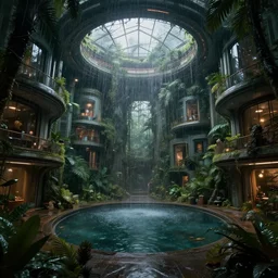 cyberpunk futuristic greenhouse apartments in a tropical forest setting. dusty moody lighting. heavy rain is falling through a central opening in the roof, into a dimly lit pool of water in the center of the room. architectural concepts inspired by dune 2 0 4 9, 8 k, photorealism, hdr, ultra sharp, environmental render, concept