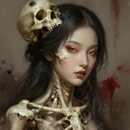 stunning asian goddess of skull portrait, bones, skull, dirt, bloody background fantasy, intricate, elegant, highly detailed, digital painting, artstation, concept art, smooth, sharp focus, illustration, art by afshar petros and krenz cushart and artem demura