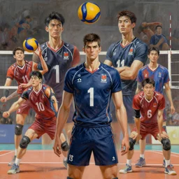concept art of male volleyball player, highly detailed painting by dustin nguyen, akihiko yoshida, greg tocchini, greg rutkowski, cliff chiang, 4 k resolution, trending on artstation, 8 k