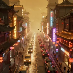 cyberpunk street, traffic flow, chinese style, warm color scheme, mist, hyperdetailed, greg rutkowski, casper konefal, cyberneon cg, unreal engine.