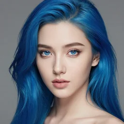 portrait of a beautiful girl, blue hair, blue eyes, perfect face, studio portrait