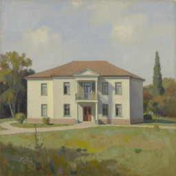 a beautiful painting of a building in a serene landscape by Agustín Fernández