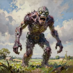 Midwest countryside, giant zombie, , award-winning fantasy art, Oil Painting