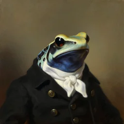 a head - and - shoulders portrait of an amazon milk frog wearing a black buttoned jacket and white ascot, an american romanticism painting, a portrait painting, cgsociety, soft focus, oil on canvas