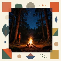 a campfire in the woods full of stars in a forest in england, sense of longing, rule of thirds, clever design, decorative modern graphic design collage border, by hannah hoch and jesse treece and christian jackson and josh brill