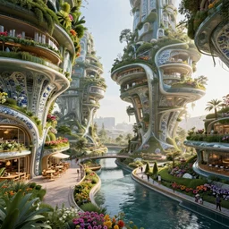 biophilic futuristic scifi suspended city gardens architectural landscape, fluidity, colorful flowers, porcelain, beautiful morning light, canal bridge paths pedestrian cafes, interior cinematic, water, metallic, grass, trees, modular buildings, vincent callebaut composition, high detailed, ultra sharp, 8 k, unreal engine, hdr