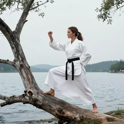 Catherine zeta jones doing karate on a fallen tree near a lake in a white dress epic scene hyperrealistic sunset