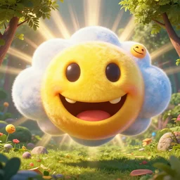 fantastical vibrant bulbous!!!!!!!!! smiley face emoji shaped cloud with holes for eyes and mouth, in a nature scene by marc adamus, high definition, rays of light breaking behind the emoji, 😃😀😄☺🙃😉😗, cheerful, rave art
