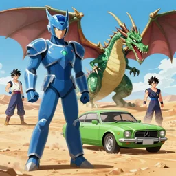 blue knight vs dragon, green car in desert, makoto shinkai, dbz, 4 k, artstation