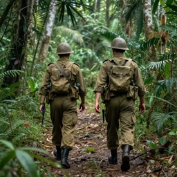 two arvn soldiers walking a trail in the jungle on a patrol, vietnam war, jungle, realistic, detailed, 4 k, hdr