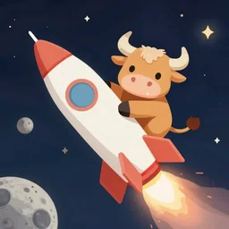 a cartoon bull riding a hyper realistic rocket to the moon, cell shaded, flat lighting, cartoon bull, realistic rocket
