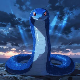 sea serpent, stormy sky, sunset, with blue light piercing through clouds, makoto shinkai, royal blue colors, lighting refraction, volumetric lighting, pixiv art, highly detailed, anime art, symmetrical, wlop, anime art