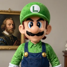 hyper realistic, realistic - anime, portrait, beautifully rendered, italian garb, caricature, luis guzman as luigi wearing green, smirking deviously, luigi, luigi's nose, painted by jan van eyck, albrecht durer, gustave courbet, greg rutkowski, wlop, artgerm, dishonored 2,