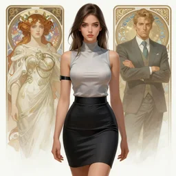 young attractive # business woman # in pencil miniskirt and sleeveless turtleneck, sci - fi, highly detailed, digital painting, artstation, concept art, smooth, sharp focus, illustration, art by artgerm # and greg rutkowski # and alphonse mucha #