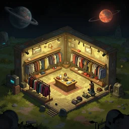 inside a clothing store, in a small remote outpost, on a remote planet, cyberpunk style, from a point and click 2 d graphic adventure game, set design inspired slightly by tomb raider, art inspired by [ [ thomas kinkade ] ] and [ mark keathley ]