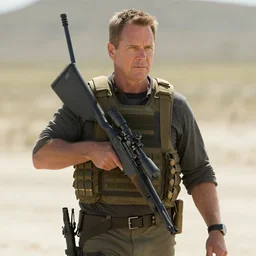 Film Still of Mike Ehrmantraut carrying a sniper rifle and wearing a bulletproof vest, 4k, highly detailed