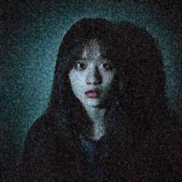 Asian girl the ring creepy dark room wide open eyes