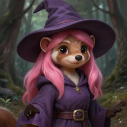 picture of cute female wizard in the forest, ferret - themed robes and hat, pink hair, brown skin, energetic, high fantasy, highly detailed, detailed faces, smooth, sharp focus, chiaroscuro, digital painting, concept art, rossdraws and moebius and jon mcnaughton