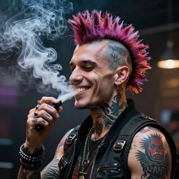 swiss punk cyborg with mohawk, tattoos, happy smiling. vaping. swirls of colorful smoke. intricate. gorgeous detailed portrait. cinematic. sharp focus. octane. by stalenhag. kilian eng. mucha. alex gray. bibin. wlop.