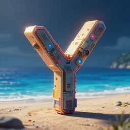 abstract 3 d y 2 k contraption from the 2 0 0 0 s on the shore of a clear blue ocean with dark and moody lighting, rendered in bryce 3 d, ray - tracing, 3 d video game, futuristic, science fiction, atmosphere, depth of field, vibrant color, lens flare, trending on artstation, ultra high detail, cinematic, focused, 8 k