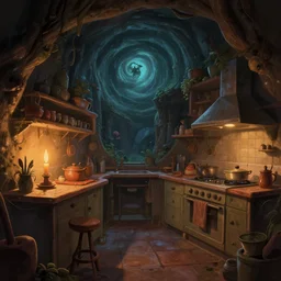 naive nerikomi, weird perspective, detailed illustration of a kitchen dim lit by 1 candle in a scenic spiral environment by anton fadeev from lorax movie, trending artstation