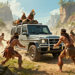 g wagon, tribe members attacking, epic action scene, cinematic, digital art, 4k, hd, fantasy, art station