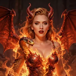 lofi female demon portrait of scarlett johansson, fire and flame, big long hell serpent dragon, Pixar style, by Tristan Eaton Stanley Artgerm and Tom Bagshaw.