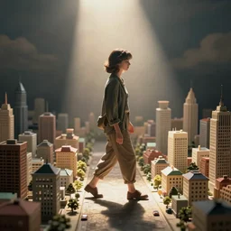 A giant walks through a tiny model city, photo by Julian Fullerton-Batten