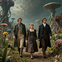 sharp, highly detailed, 9216k film, 17150mm film still from a sci fi blockbuster color movie made in 2019, set in 1860, of a family walking through an alien landscape, full of strange alien plants and flowers, on an alien planet, the family are all wearing 1860s era clothes, enhanced faces, atmospheric lighting, 350mm f/1.4L lens