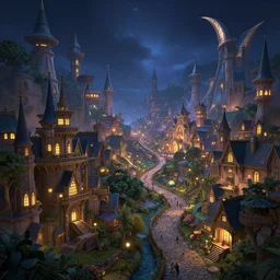A magical fantasy town. by Allayn Stevens. Hyperdetailed. Night. 8K Resolution. Illustration. HD. 16k resolution Behance Unreal Engine HD HDR volumetric lighting.