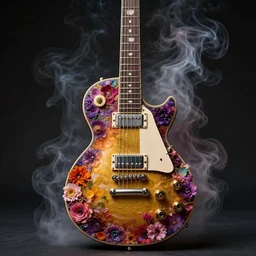 high intricate detailed abstract photo of a les paul electric guitar covered in flowers and psychedelic smoke, golden ratio, rule of thirds, elegant, by lea leonowicz, by maks trofimov, by jenny brozek, by johannes wessmark