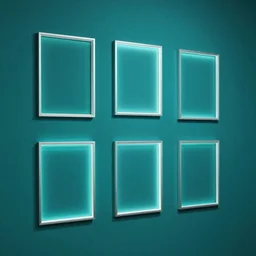Beautiful teal colored wall with photo frames, smooth volumetric lighting, low light room, photorealistic details, neon glowy edges, 4K, 8K