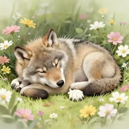 a wolf cub sleeping in a bed of flowers by gharliera and takato yamamoto + anime, japanese kappademon + insane details wow high octane render