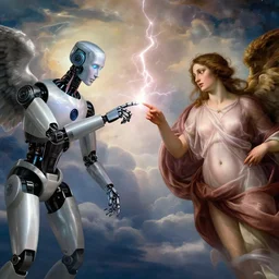 a godly robot and a human woman touch by their finger tips, giving life to each other, exchanging lightning of beautiful energy through their fingers, nails concept art, angelic clouds in the background, cinematic, inspired by the creation of adam by michelangelo and annie liebovitz