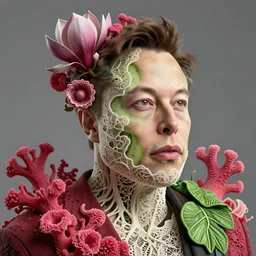 hyperdetailed ultra sharp 3 d render of elon musk merged with a cucumber, medium fine shot portrait, close - up, ef 8 5 mm f 1. 8 usm, bionic scifi alexandre ferra cyberpunk, huge fractal mycelum and fungi filigree vanilla lace, rasberry red haute couture sponge corals, magnolia goliath head ornaments, embroidered leaves sinuous roots, octane render, volumetric cinematic lighting, 8 k, vray tracing, no dof, no blur