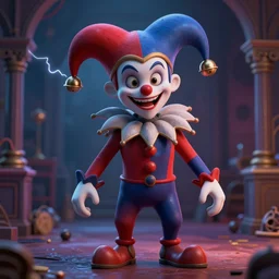 the evil jester smirking wearing cap with bells, lovecraft scene, full body shot, 3 d, intricate details, by vincent di fate, smooth gradients, octane render, 8 k, volumetric lightning, depth of field, coherent face, vivid colors
