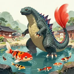 Godzilla-like beautiful giant kaiju sized pond dragon half fish half salamander, wet amphibious skin, red salamander, axolotl creature, koi pond, korean village by Ruan Jia and Gil Elvgren, fullbody