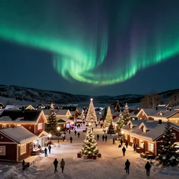 small cozy village at Christmas night starry night aurora borealis nordic plaza