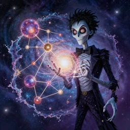 galaxy bender experiencing the quantum field, elevated consciousness, beautiful astrological neural network, bob ross matte painting and tim burton comic book art, realistic, trending on artstation, sharp focus, depth of field, cinematic composition, physics splashes of colors, octane render