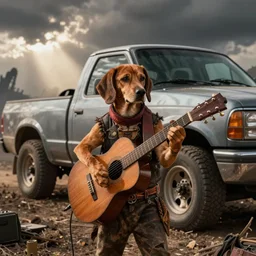 A folkpunk brown hound dog playing the guitar, in front of a pickup truck, after the apocalypse
