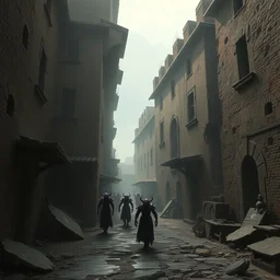 a medieval italian deserted town, purple slaanesh demons walking in the ruins, medium shot, atmospheric fantasy matte painting by eytan zana and ruan jia and boris vallejo, trending on artstation