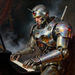 a baroque neoclassicist close - up renaissance portrait of an iridescent 1 8 0 0 s sci - fi gundam mecha musician playing the piano. surrealism. reflective detailed textures. glowing colorful fog, dark background. highly detailed fantasy science fiction painting by moebius, norman rockwell, frank frazetta, and syd mead. rich colors, high contrast. artstation