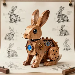 mechanical rabbit with a blue crystal inside, steampunk design, made of woods, by Leonardo da Vinci, drawn projects on paper, instructions to build it