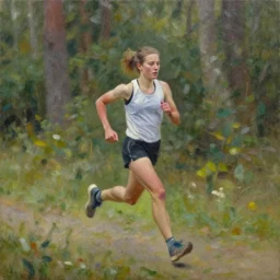 a female orienteer runs in the forest, oil on canvas.