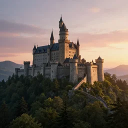 a medieval castle on the top of a mountain forest at sunset, hyperrealistic, concept art, octane render, unreal engine 5, trending on deviantart, highly detailed, high quality, geometrically correct, path traced, godrays, complementary colors, natural lighting, high coherence, soft lighting, breathtaking landscape, soft colors, low contrast