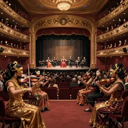 craig mullins and ghibli digital art of inside the grand theater, many audience, on the stage, masked female violinists, exotic costumes, gold jewelry, black hair, solo performance unreal engine, hyper realism, realistic shading, cinematic composition, realistic render, octane render, detailed textures, photorealistic, wide shot