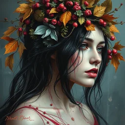 portrait of beautiful female model by irakli nadar with intricate detailed color smashing fluid oil paint and acrylic, berries and dried moss and dried autumn leaves headdress, haunting, elite, elegant, melting wax, mycelia, abstract impressionism, ruan jia, dark fantasy, hyper detailed, concept art, by gustav klimt,